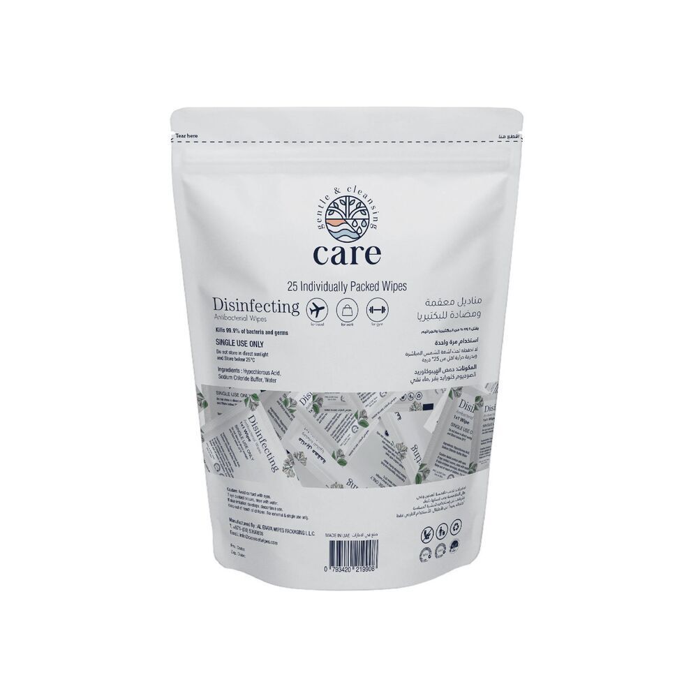 Care - 100% Natural Disinfecting Antibacterial Single Wipes 25Pcs