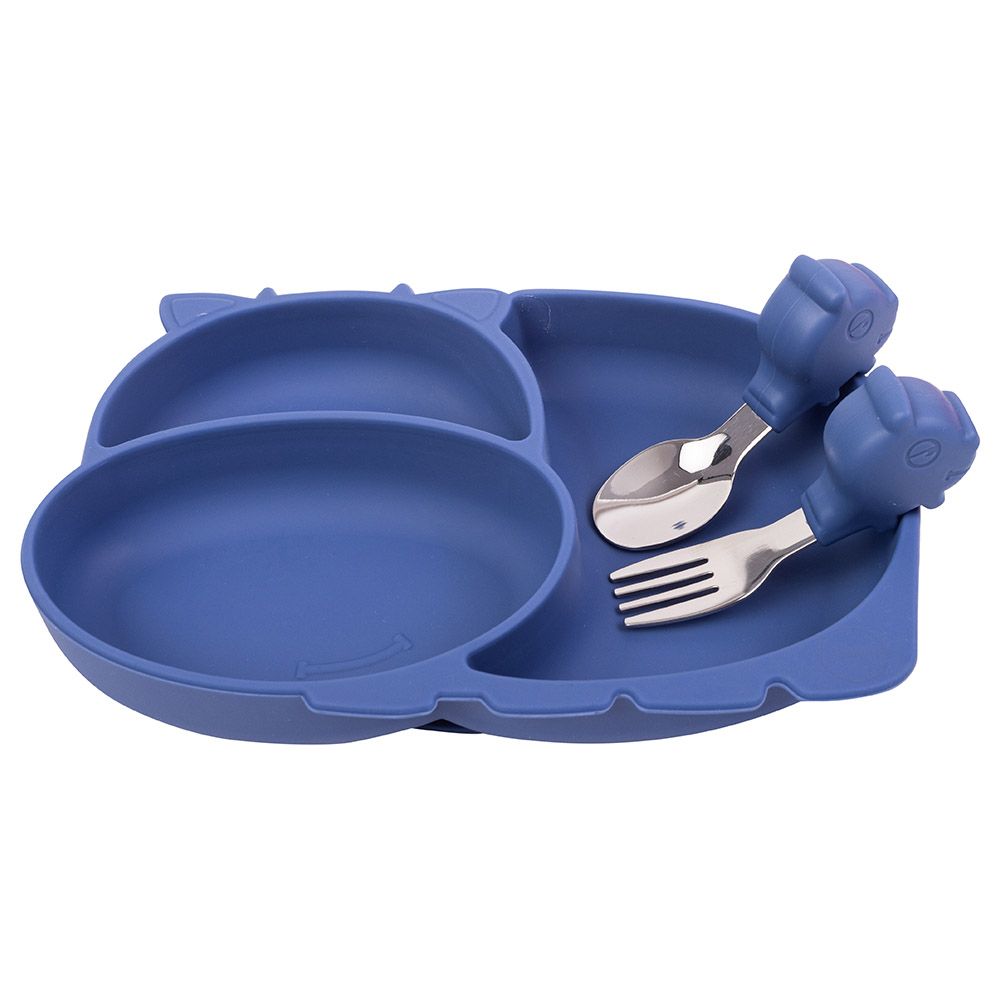 A'ish Home - Kids Amini Hippo Plate w/ Cutlery Set - Dark Blue