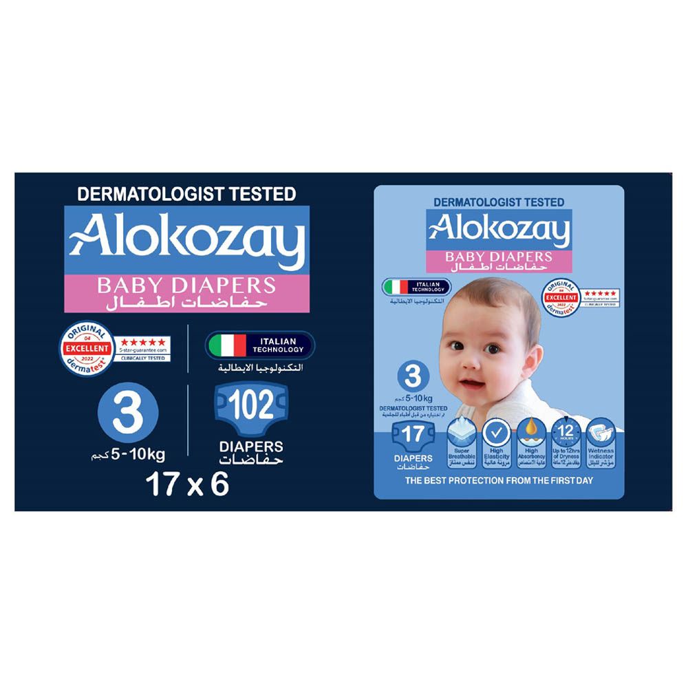 Alokozay - Premium Baby Diapers 5-10kg Size 3 - 17pcs - Pack of 6