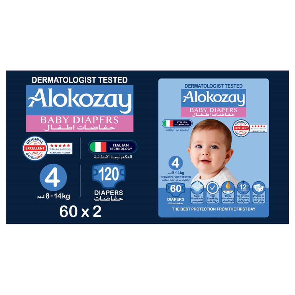 Alokozay - Premium Baby Diapers 8-14kg Size 4 - 60pcs - Pack of 2