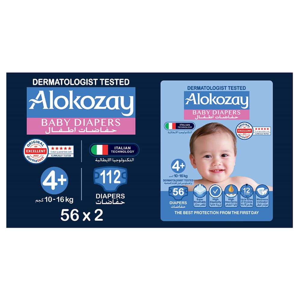 Alokozay - Premium Baby Diapers 10-16kg Size 4+ - 56pcs - Pack of 2