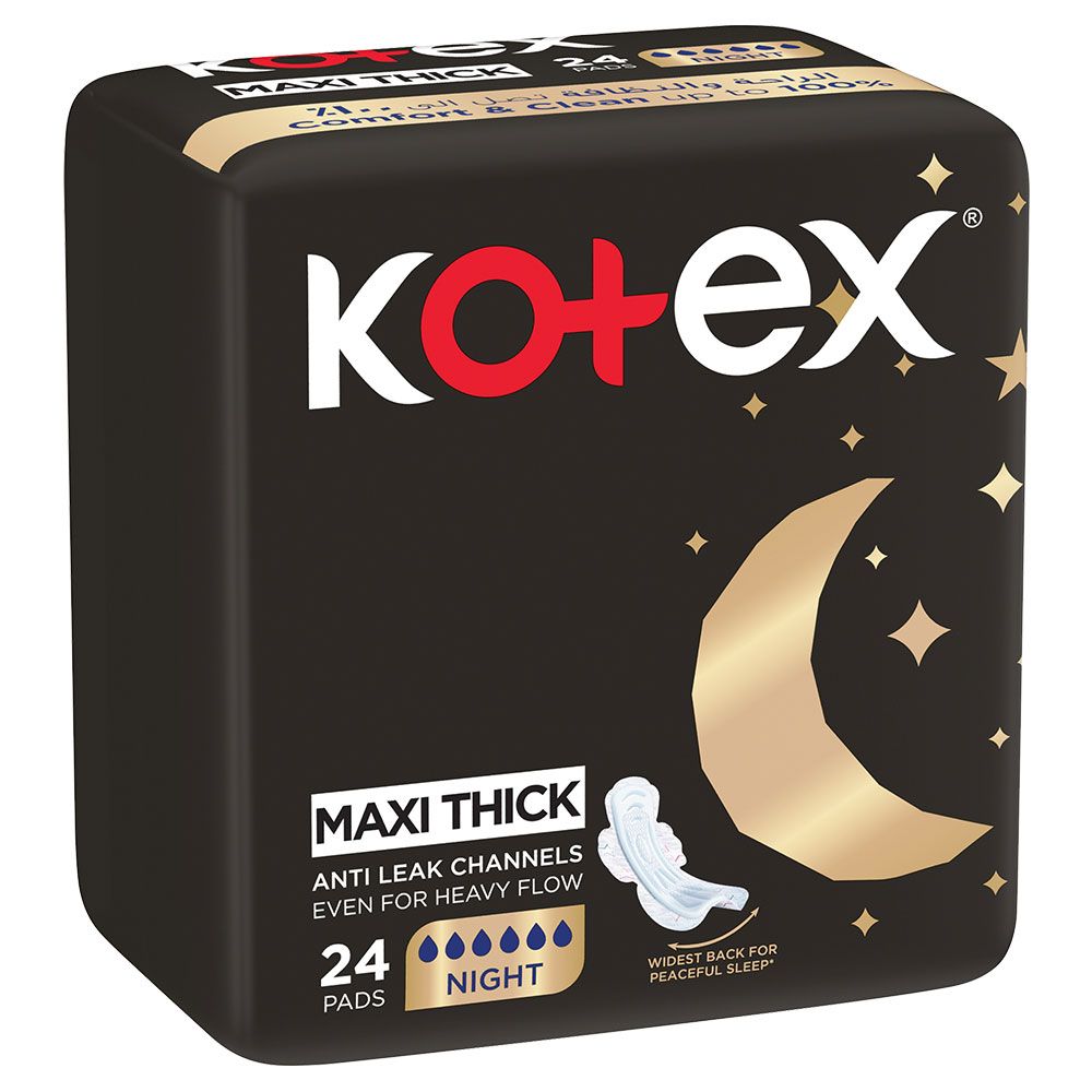 Kotex - Maxi Protect Thick Pads, Overnight Protection Sanitary Pads with Wings, 24 Sanitary Pads