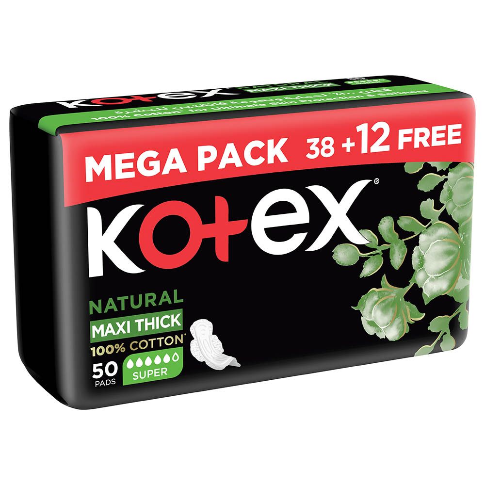 Kotex - Natural Maxi Protect Thick Pads, 100% Cotton Pad, Super Size with Wings, 50 Sanitary Pads