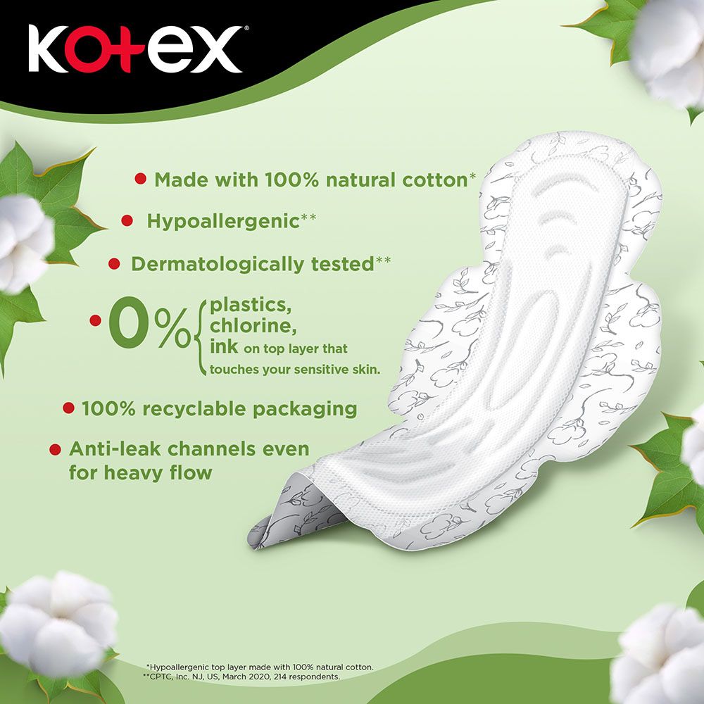 Kotex - Natural Maxi Protect Thick Pads, 100% Cotton Pad, Super Size with Wings, 50 Sanitary Pads