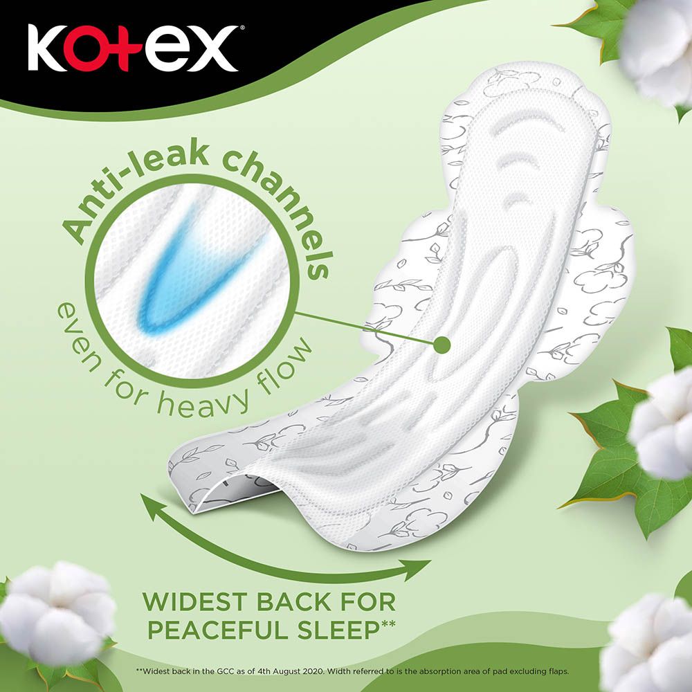 Kotex - Natural Maxi Protect Thick Pads, 100% Cotton Pad, Overnight Protection Sanitary Pads with Wings, 44 Sanitary Pads