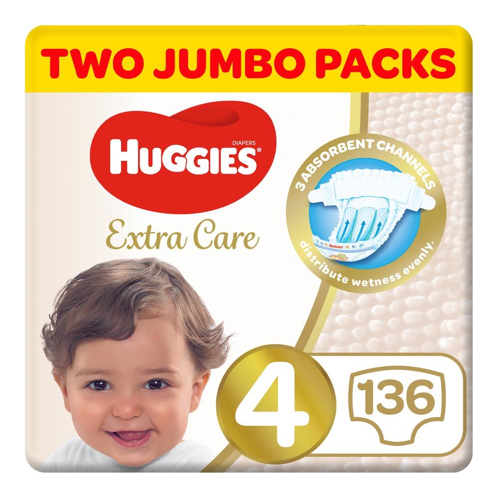 Huggies - Extra Care, Size 4, 8 -14 kg, Twin Jumbo Pack, 136 Diapers