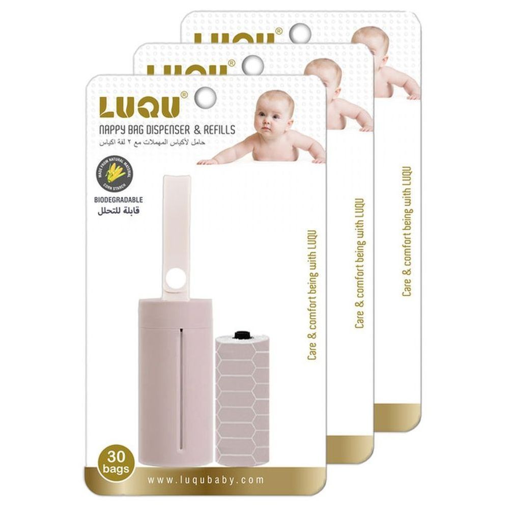 Luqu - Nappy Bag Dispenser + 2 Biodegradable-Disposable Refills - Pink - Pack of 3