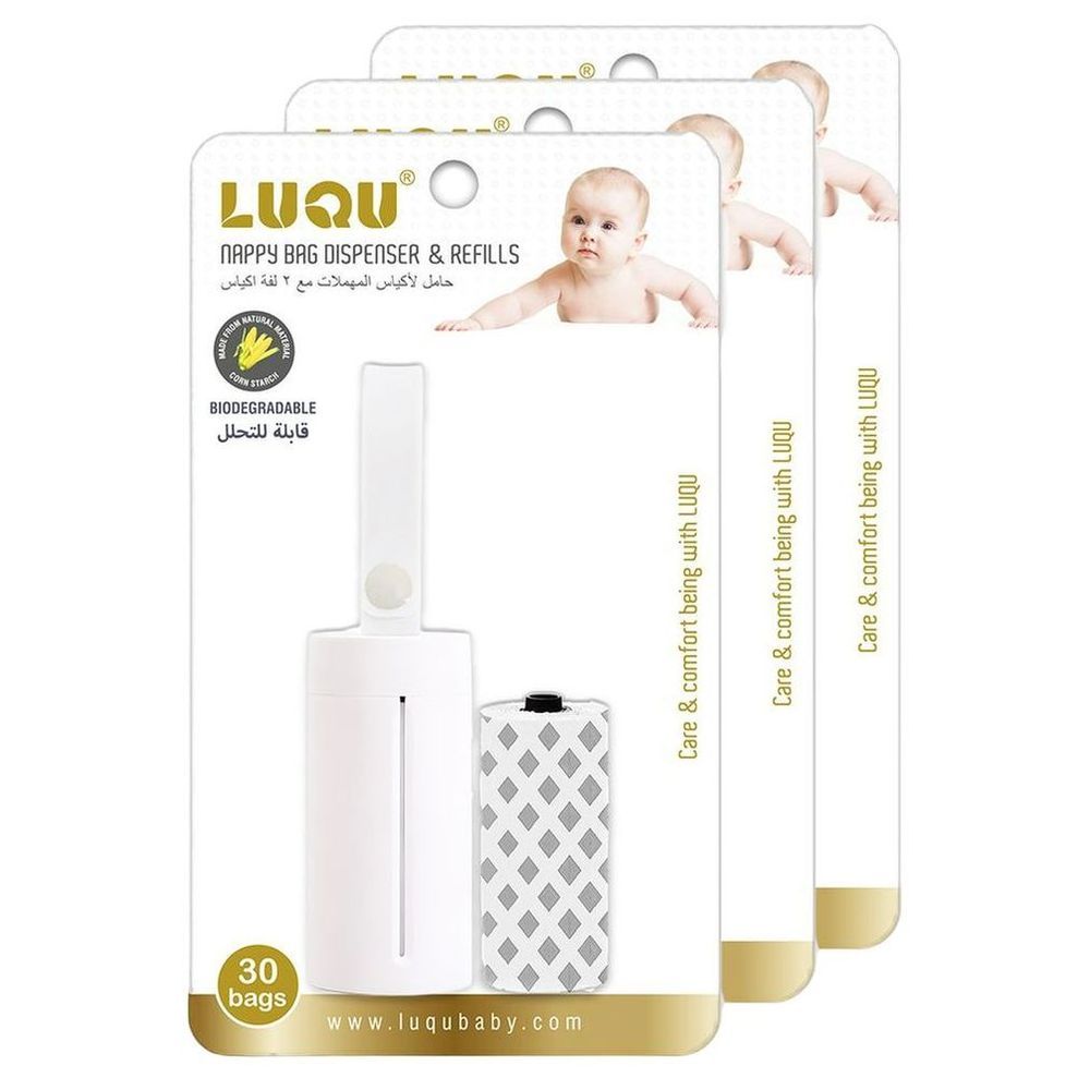 Luqu - Nappy Bag Dispenser + 2 Biodegradable-Disposable Refills - White - Pack of 3