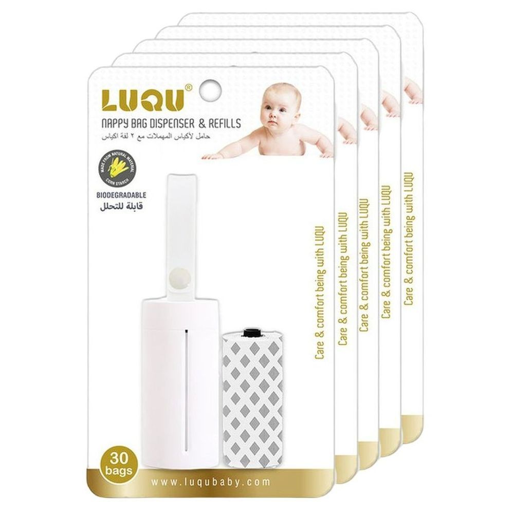 Luqu - Nappy Bag Dispenser + 2 Biodegradable-Disposable Refills - White - Pack of 5