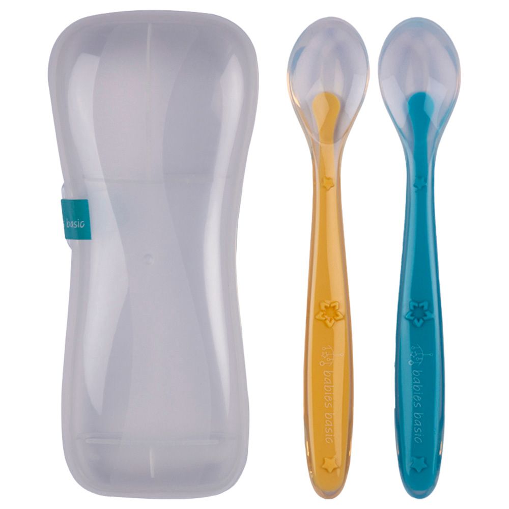 Babies Basic - Spoon Set w/ Travel Case - Set Of 2 - Yellow/Blue