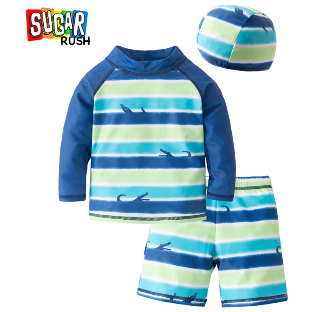 Sugar Rush - Striped  Round Neck Full Sleeves 3pc Sets - Tops + Shorts with Caps - Blue