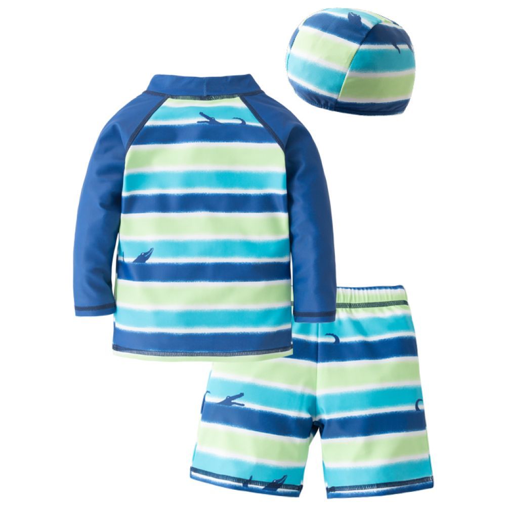 Sugar Rush - Striped  Round Neck Full Sleeves 3pc Sets - Tops + Shorts with Caps - Blue