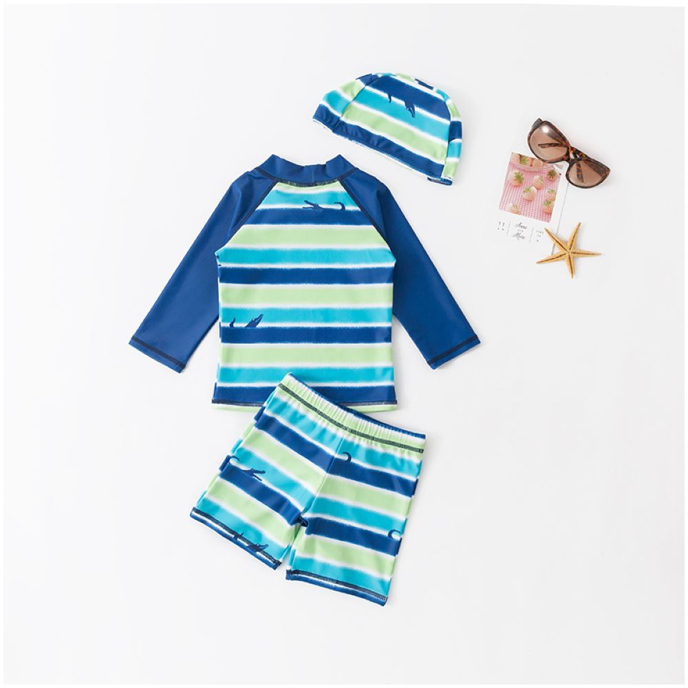 Sugar Rush - Striped  Round Neck Full Sleeves 3pc Sets - Tops + Shorts with Caps - Blue