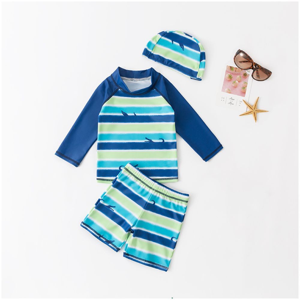 Sugar Rush - Striped  Round Neck Full Sleeves 3pc Sets - Tops + Shorts with Caps - Blue