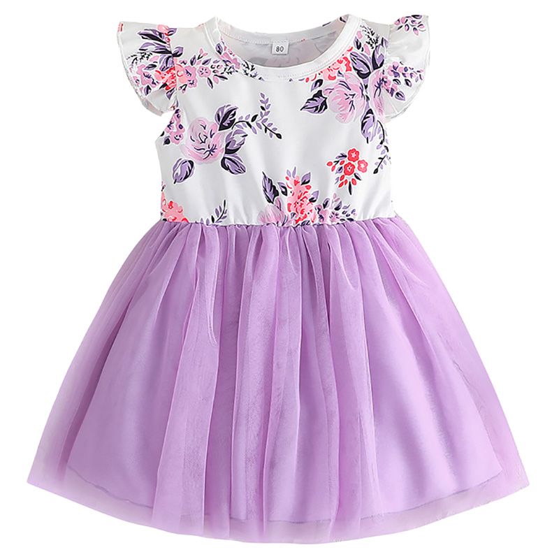 Sugar Rush - Floral Round Neck Cap Sleeves Dress - Purple