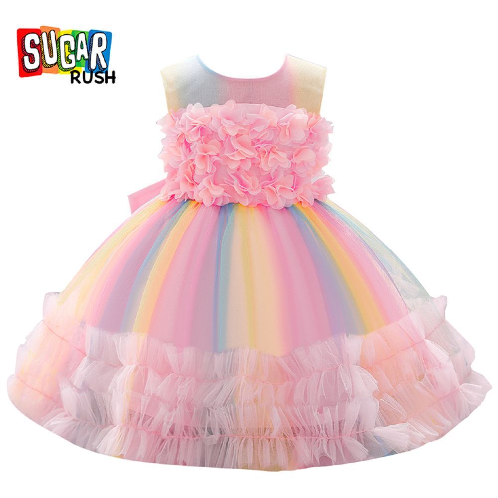 Sugar Rush - Appliqued Regular Round Neck Sleeveless Party Dress - Pink