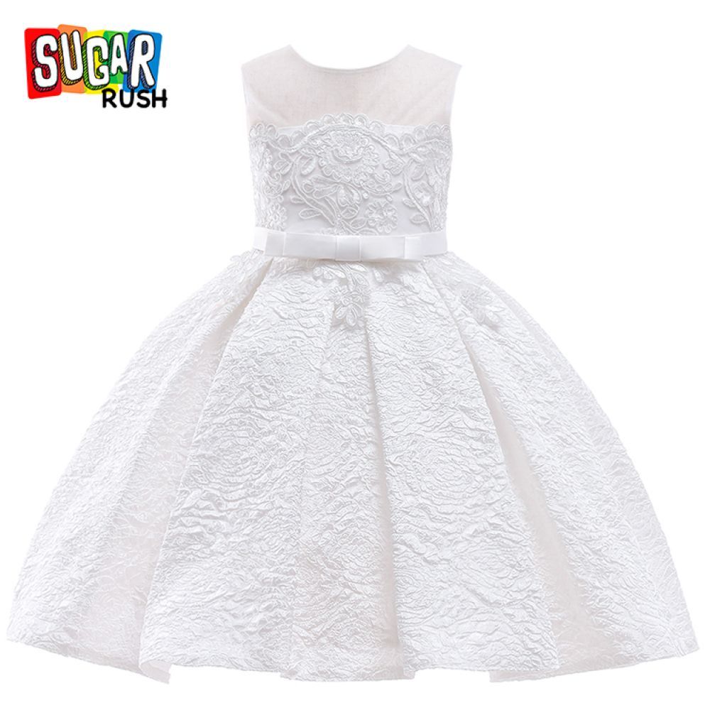 Sugar Rush - Embroidered Regular Round Neck Sleeveless Party Dress - White