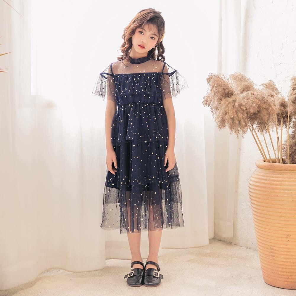 Sugar Rush - Embellished Regular Round Neck Party Dress - Navy