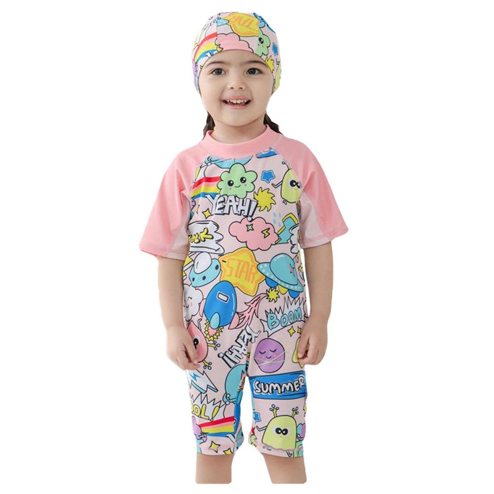 Sugar Rush - 2pc-Set - Short Sleeves Swimsuit & Cap - Pink