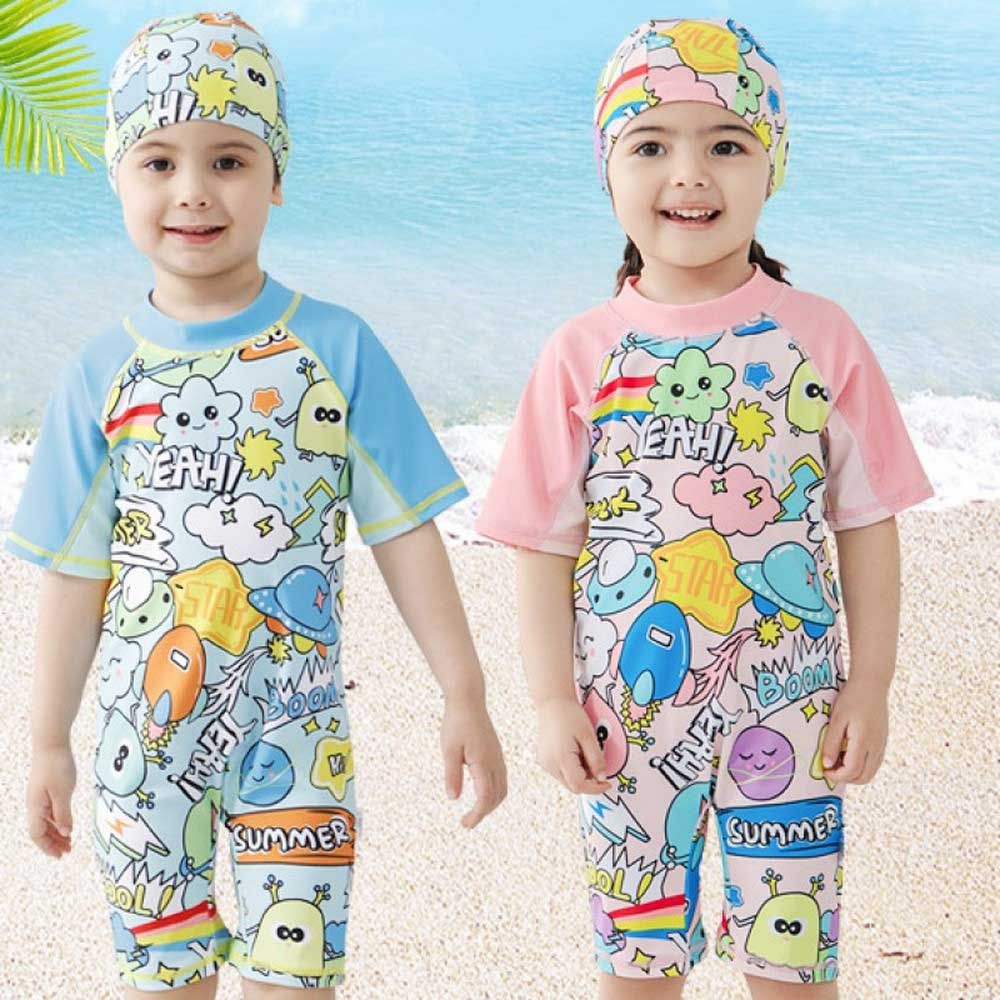 Sugar Rush - 2pc-Set - Short Sleeves Swimsuit & Cap - Pink