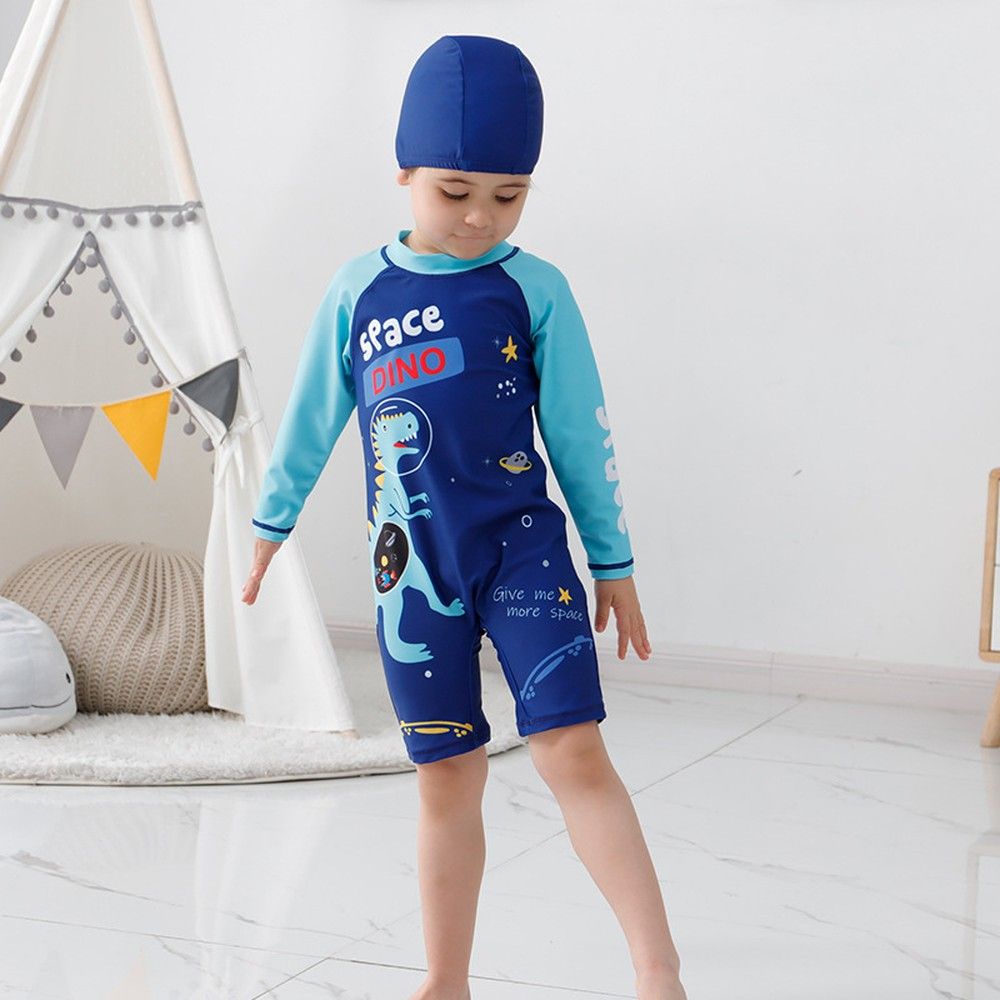 Sugar Rush - 2pc-Set - Dino Full Sleeves Swimwear & Cap - Blue