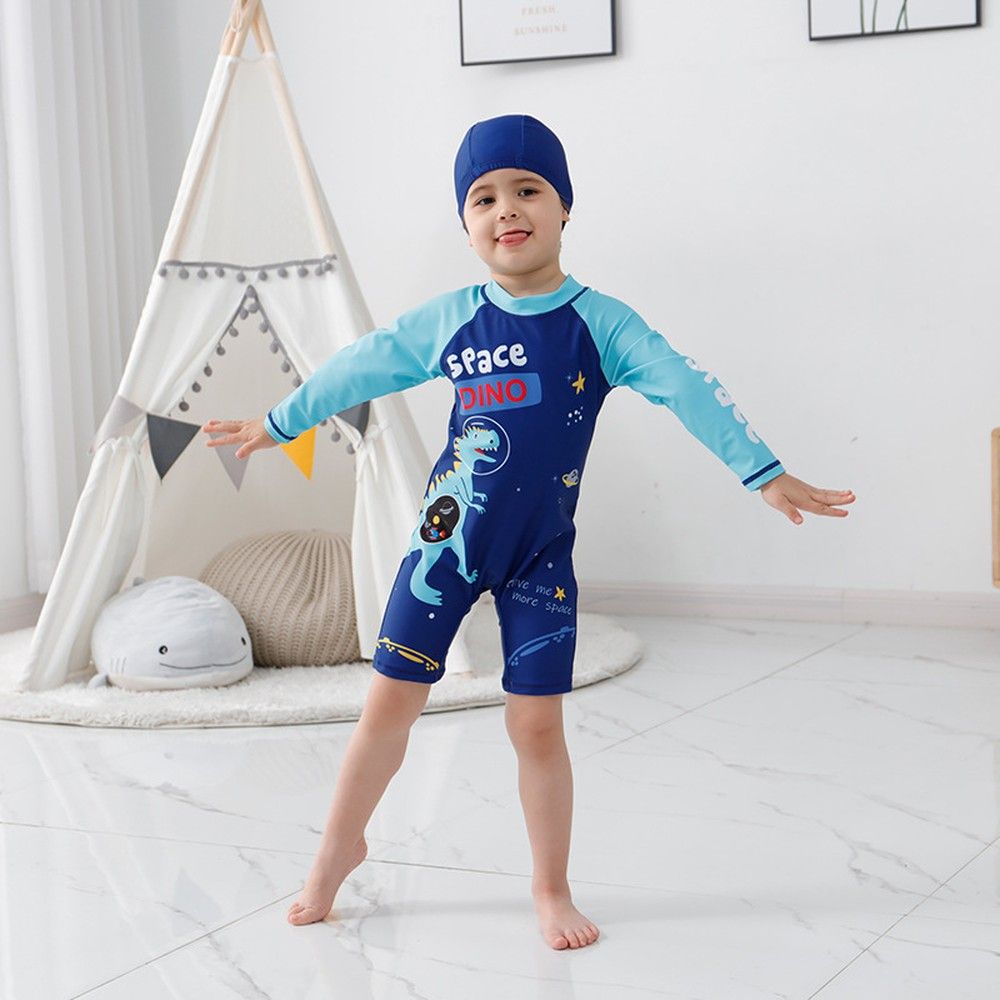 Sugar Rush - 2pc-Set - Dino Full Sleeves Swimwear & Cap - Blue