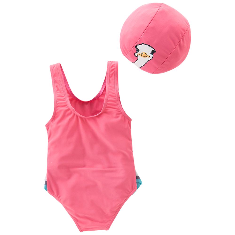 Super Cute - Duck Printed Swimsuit With Cap - Red