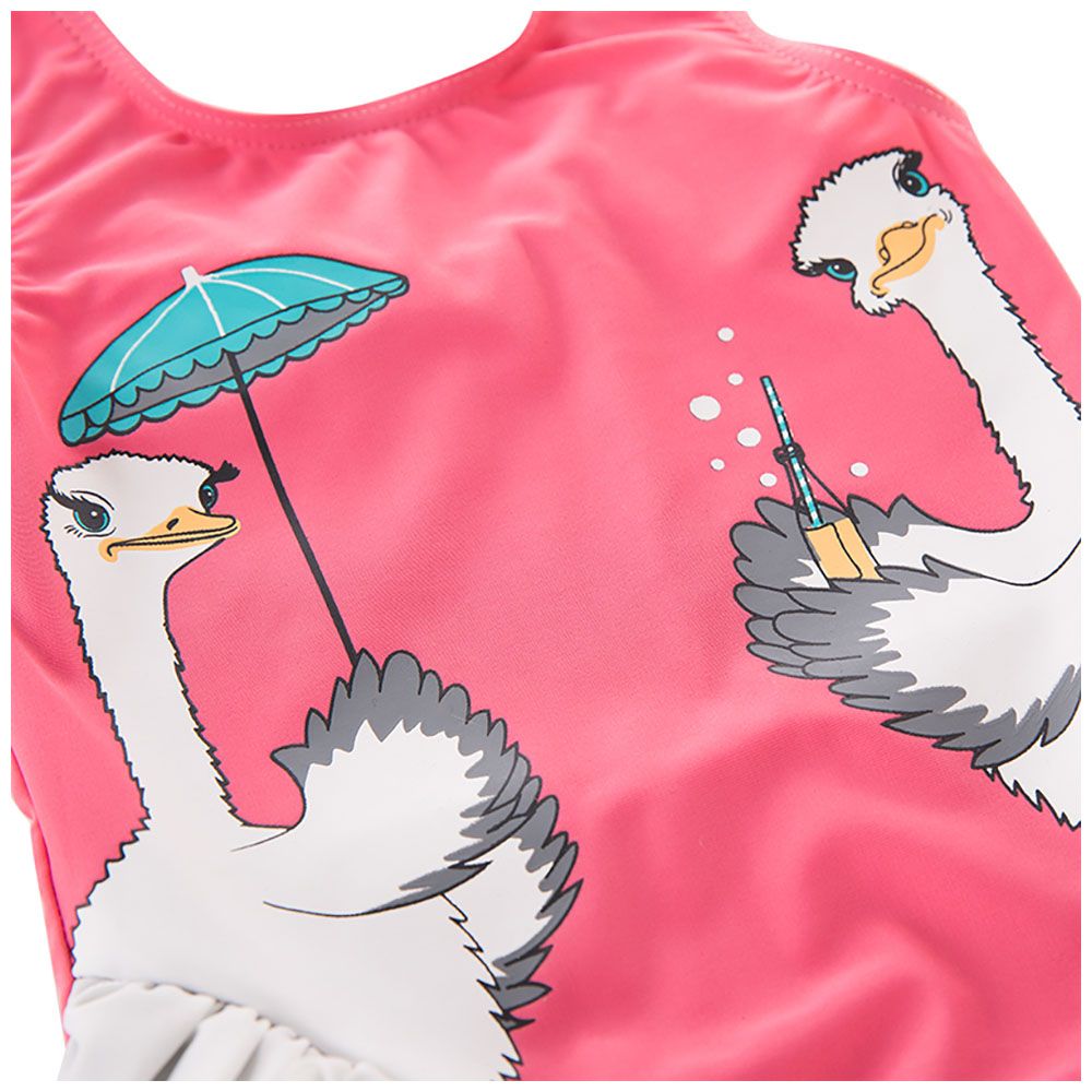 Super Cute - Duck Printed Swimsuit With Cap - Red