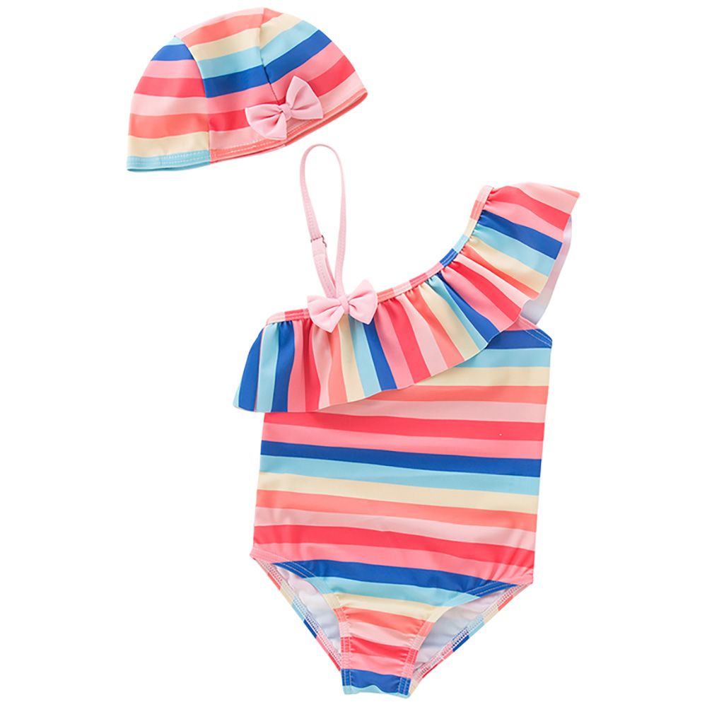 Super Cute - Striped Swimsuit With Cap