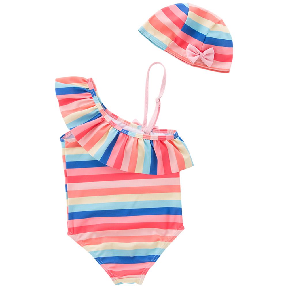 Super Cute - Striped Swimsuit With Cap