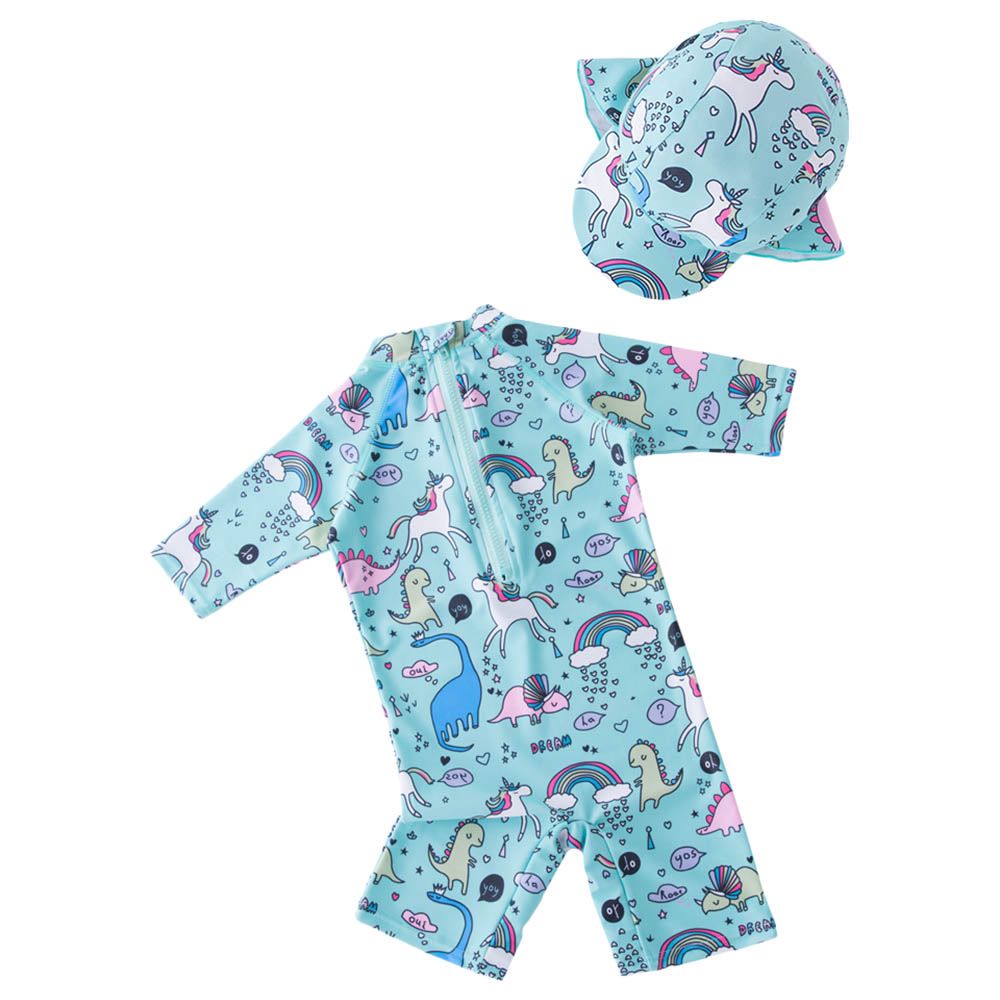 Super Cute - Unicorn Printed Swimsuit With Cap - Blue