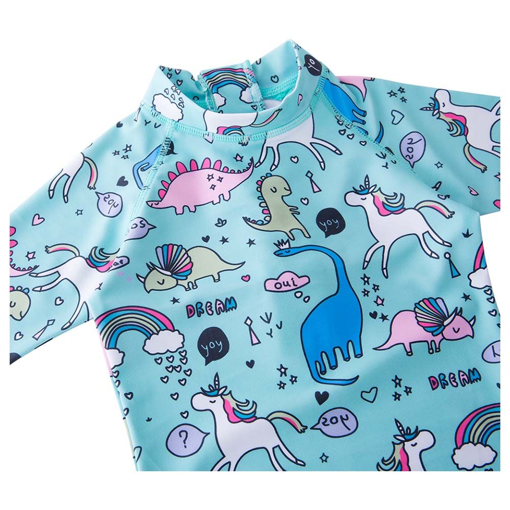 Super Cute - Unicorn Printed Swimsuit With Cap - Blue