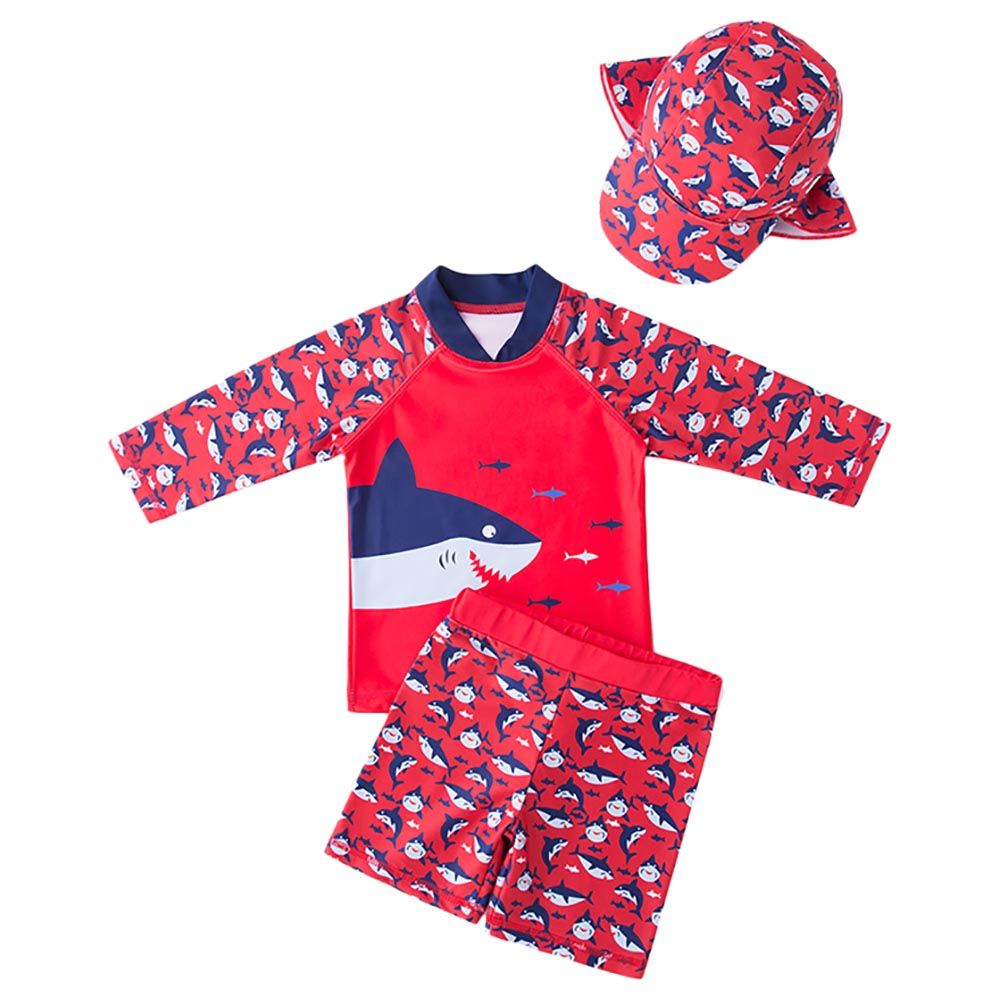 Sugar Rush - Shark Two-Piece Swimsuit & Cap - Red