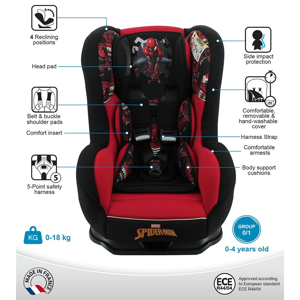 NANIA - Cosmo Reclineable Infant Carseat 0-4Y Upto 18Kg Spiderman