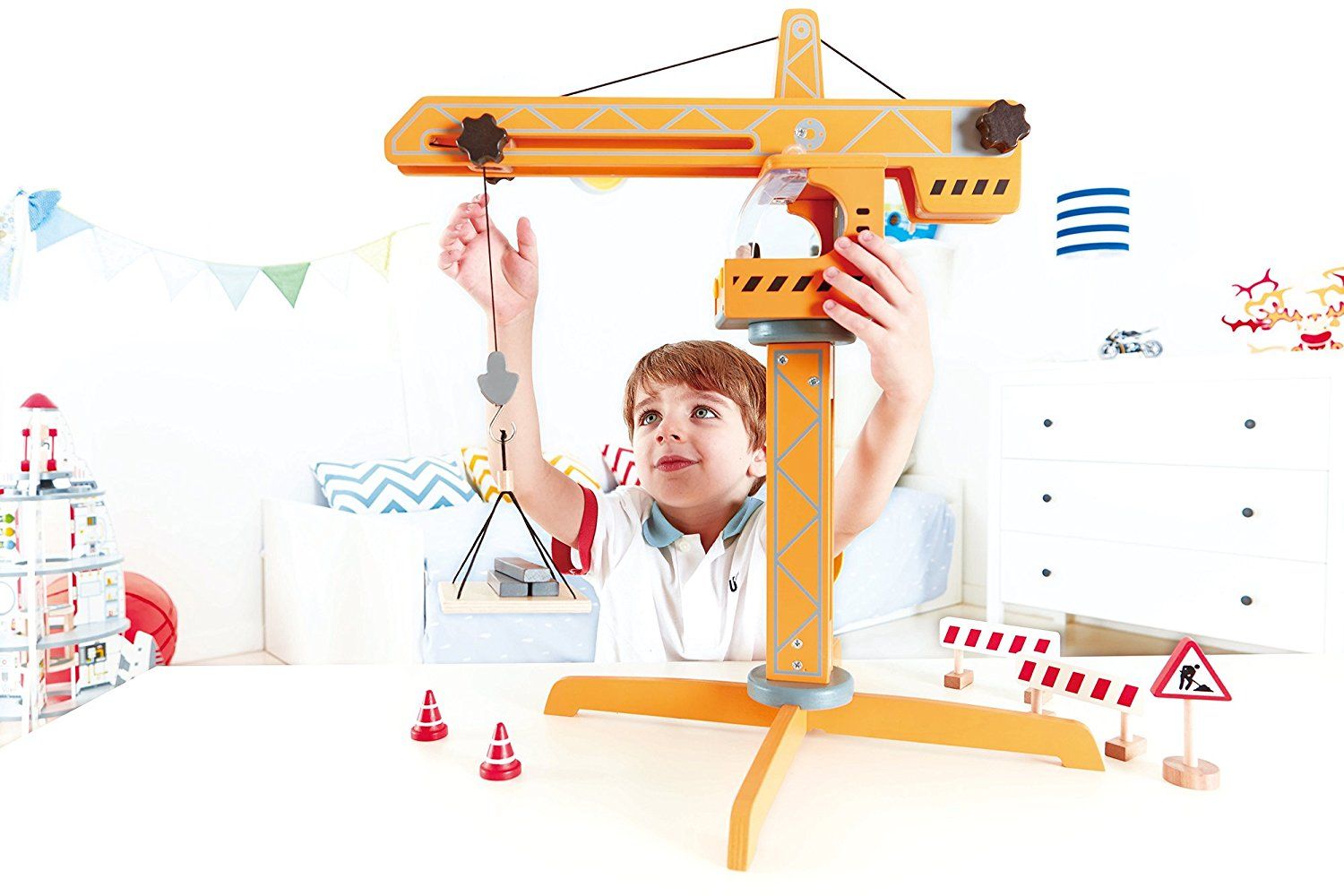 Hape - Construction Wooden Crane Lift Set - 10pcs