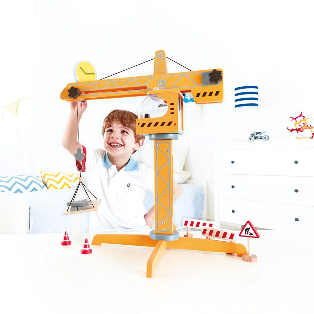 Hape - Construction Wooden Crane Lift Set - 10pcs