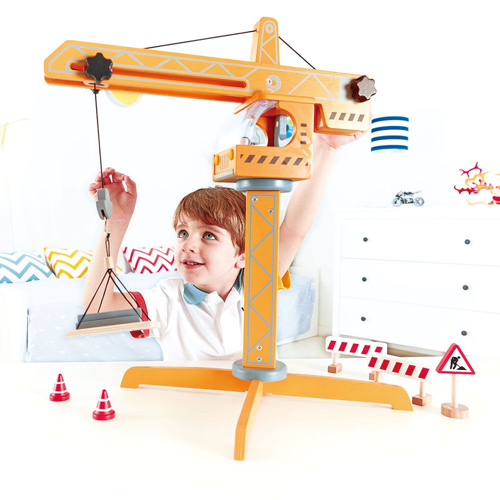 Hape - Construction Wooden Crane Lift Set - 10pcs