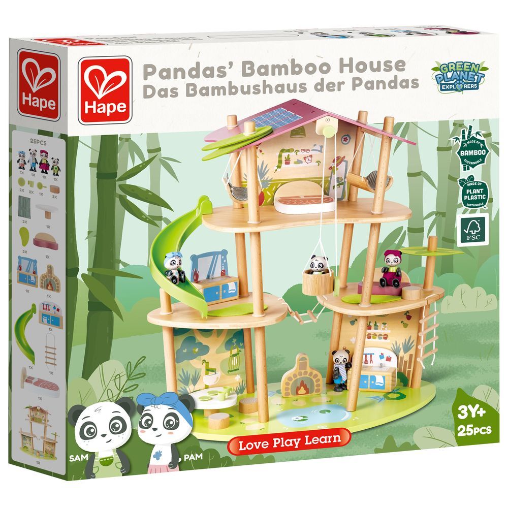 Hape - Panda's Bamboo House W/ 4 Family Dolls & Accessories 25pcs