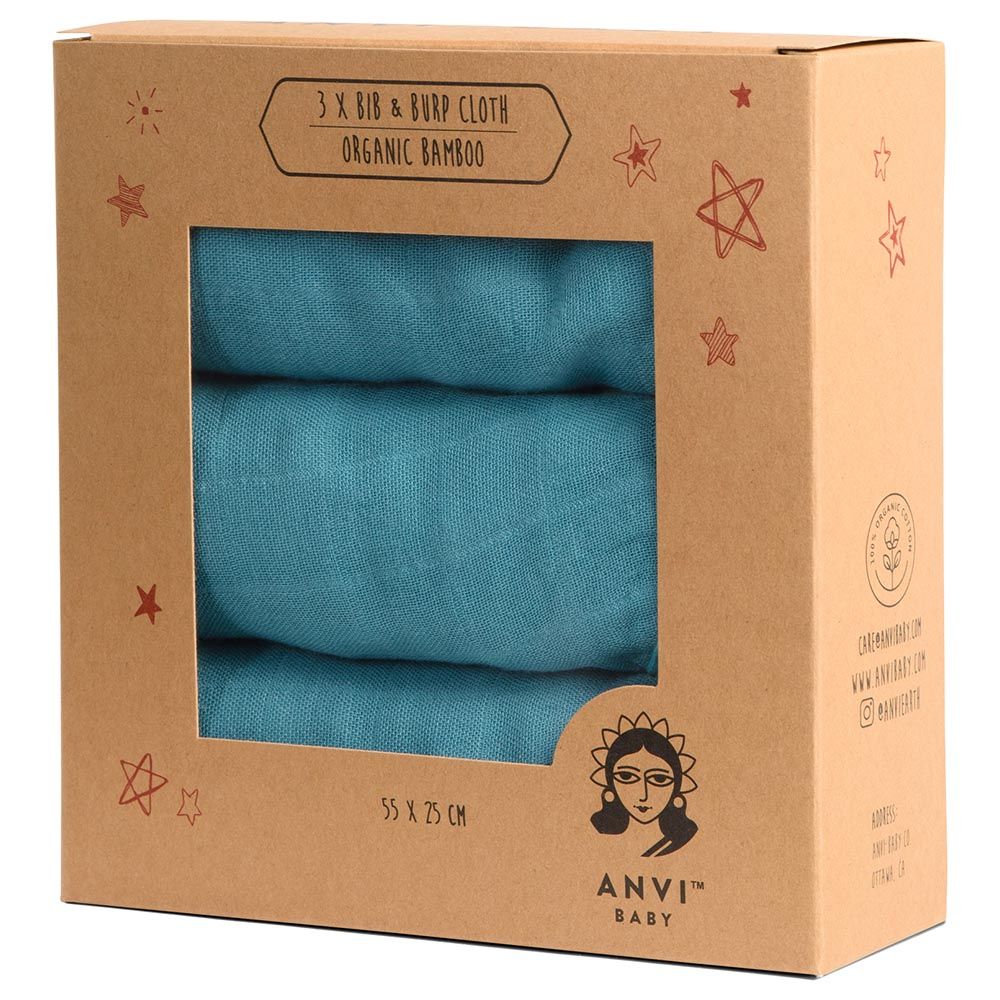 Anvi Baby - Organic Burp & Bib Cloth Pack Of 3 - Emerald Blue