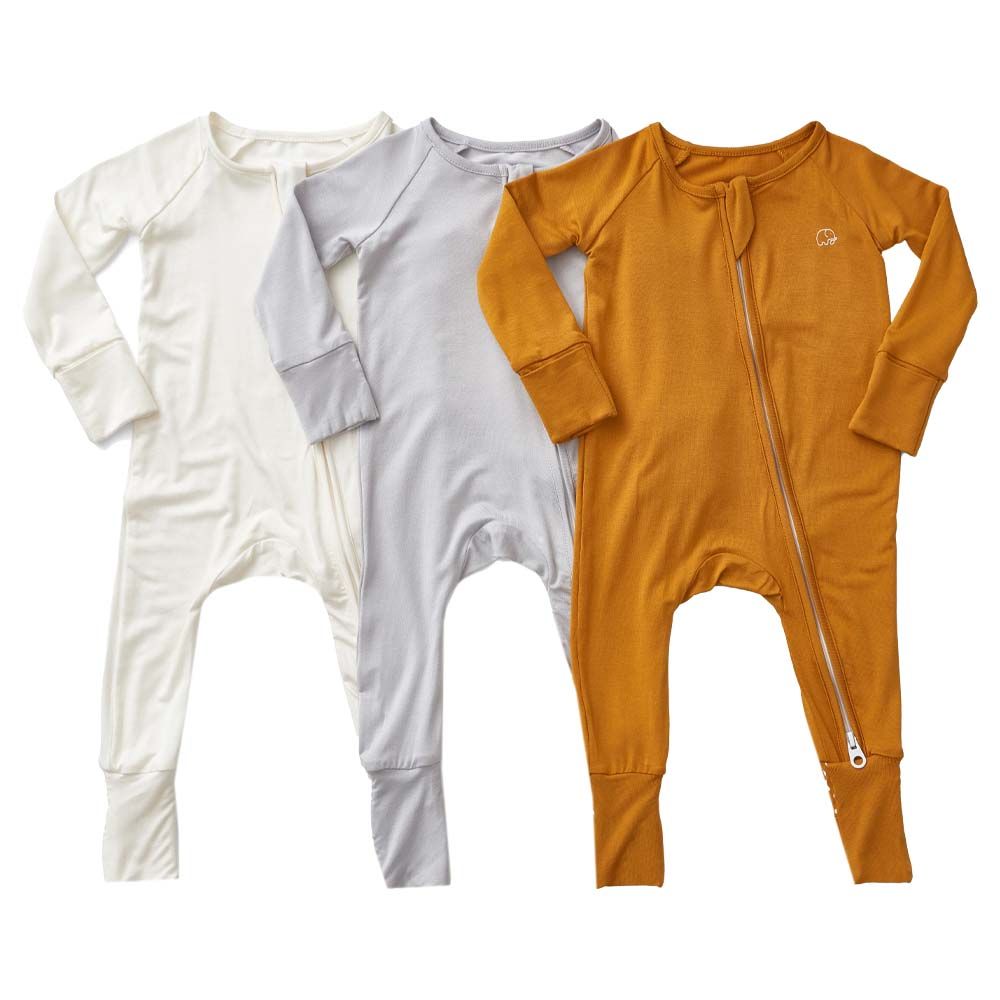 Anvi Baby - 3pc-Set - Zipper Sleepsuit- White/Grey/Mustard