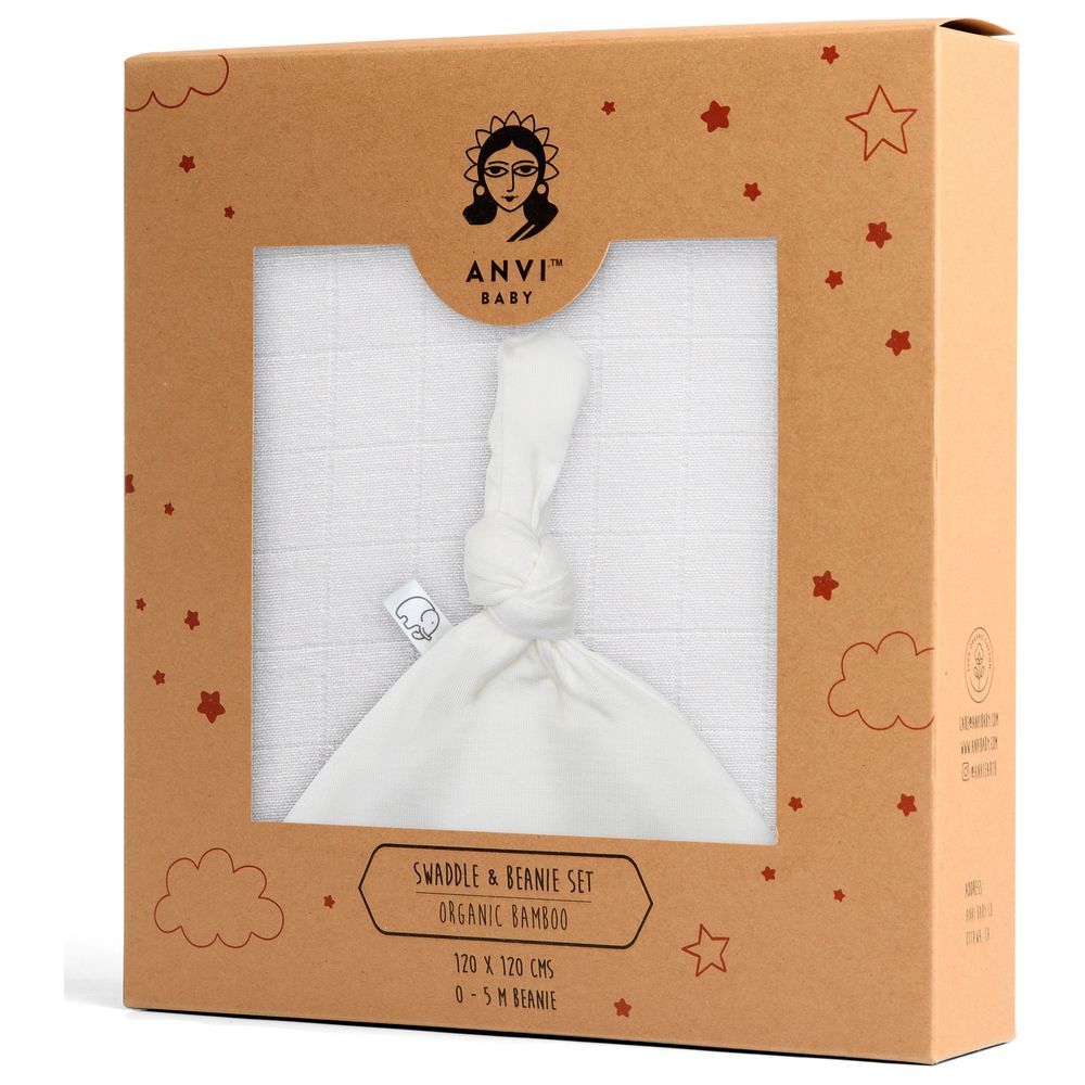 Anvi Baby - Organic Bamboo Beanie & Swaddle Set - White Mist