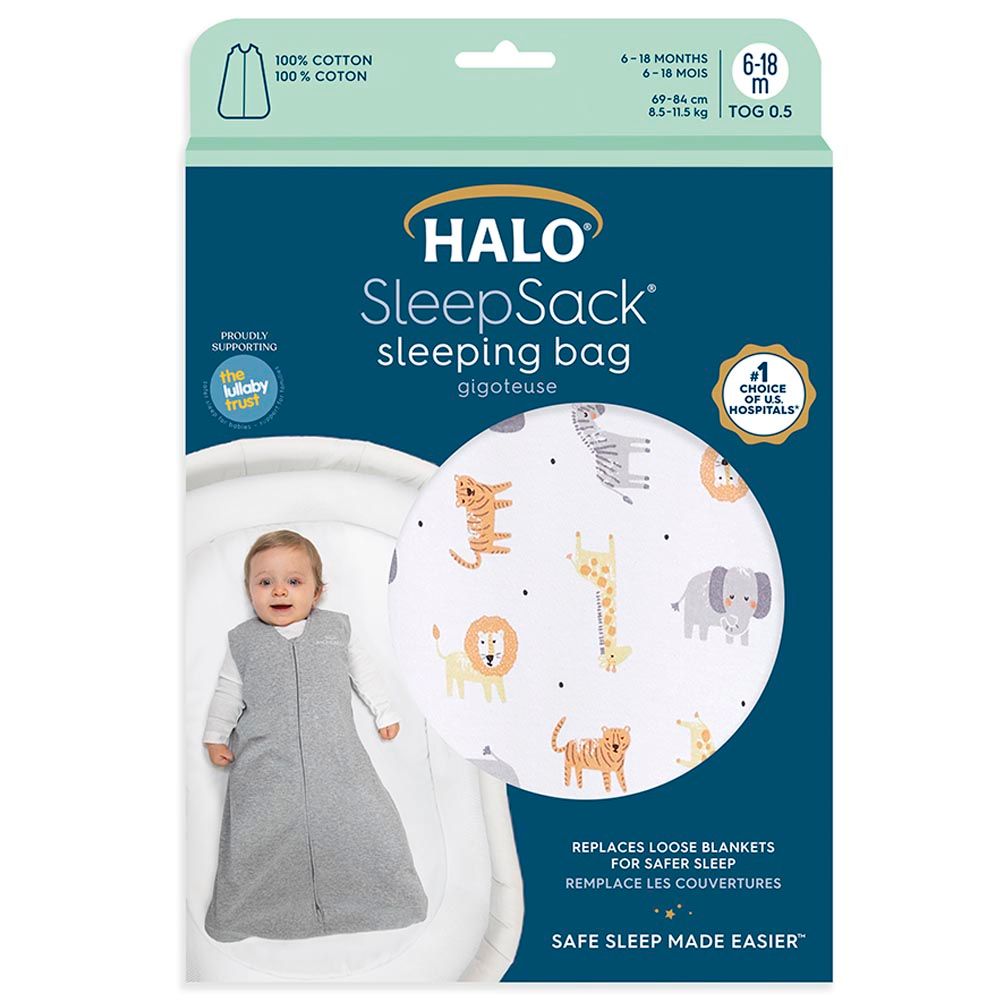 Halo - 100% Cotton Sleeping Bag - Jungle + Heather Grey - 18-36M