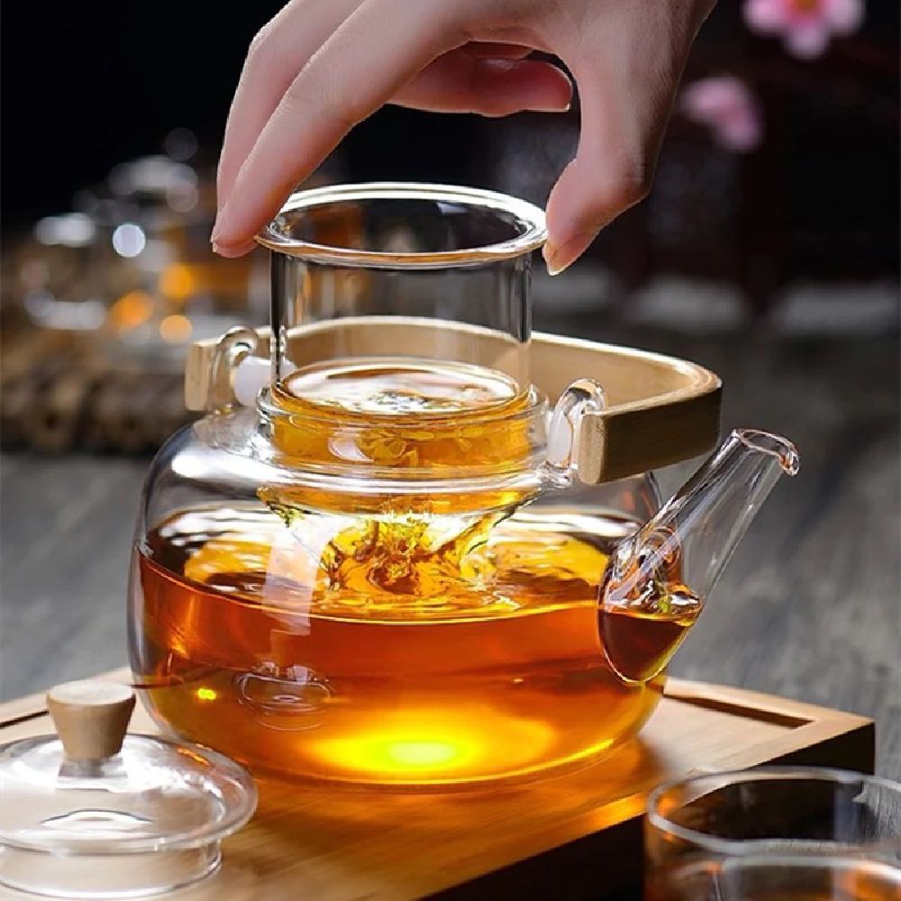 1Chase - Borosilicate Glass Teapot w/ Infuser & Bamboo Handle 1000ml