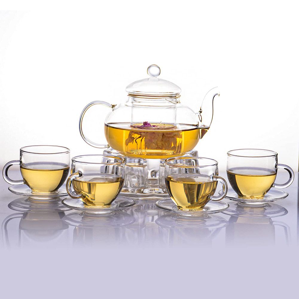 1CHASE - Glass Teapot Tea Warmer W/ Pack of 4 Cups