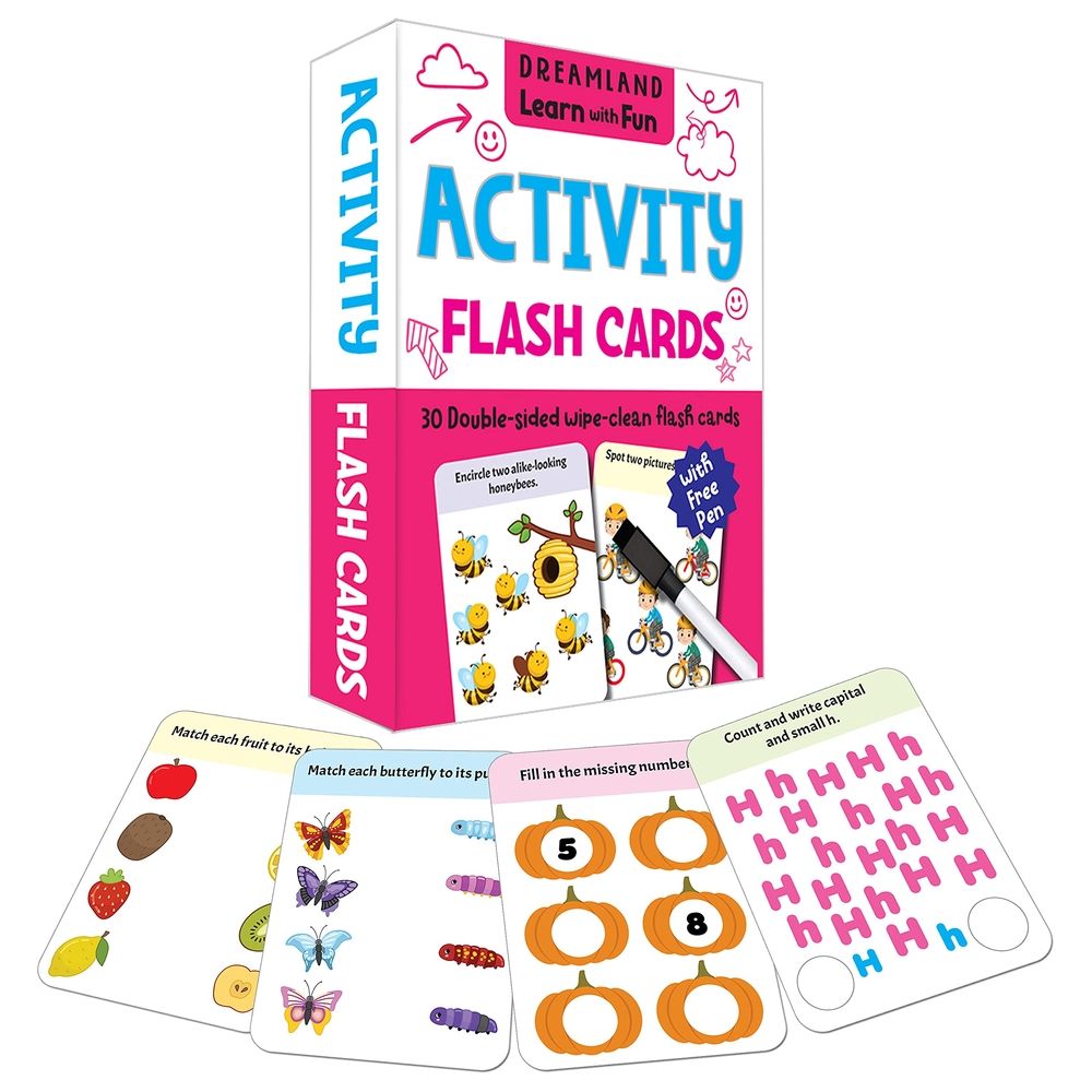 Flash Cards Activity - 30 Double Sided Wipe Clean Flash Cards For Kids (With Free Pen)