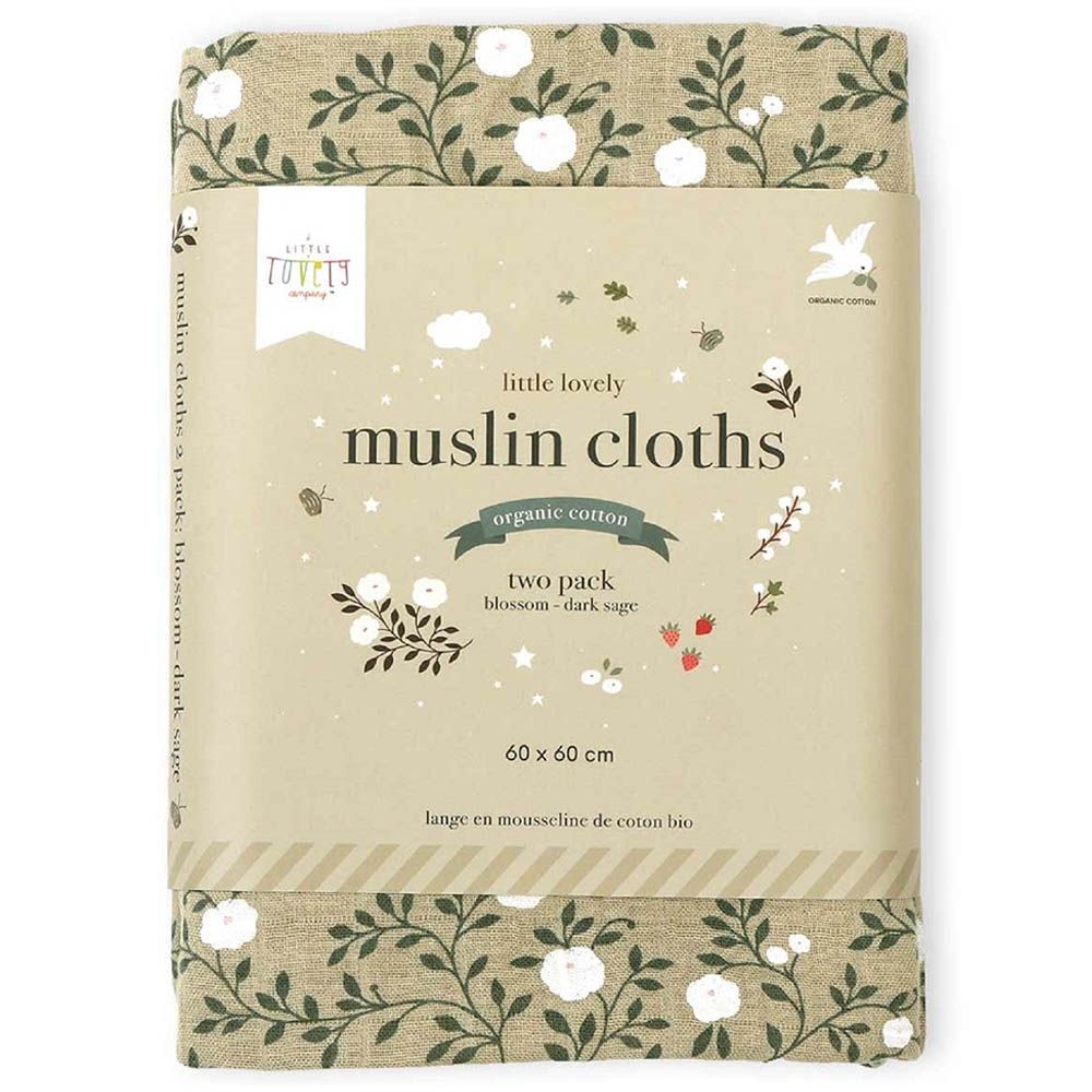 A little Lovely Company - Muslin Cloth Set of 2 Blossom - Dark Sage