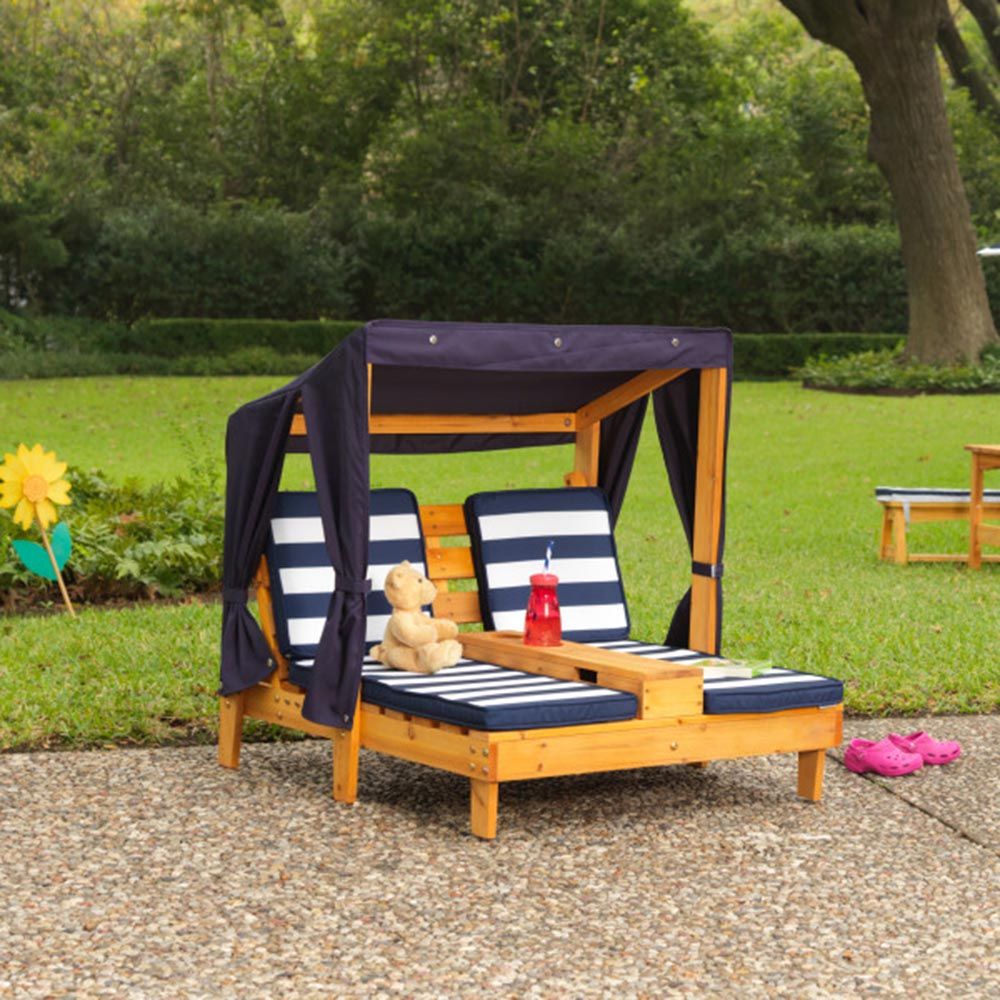 KidKraft Double Chaise Lounge With Cup Holder Honey & Navy