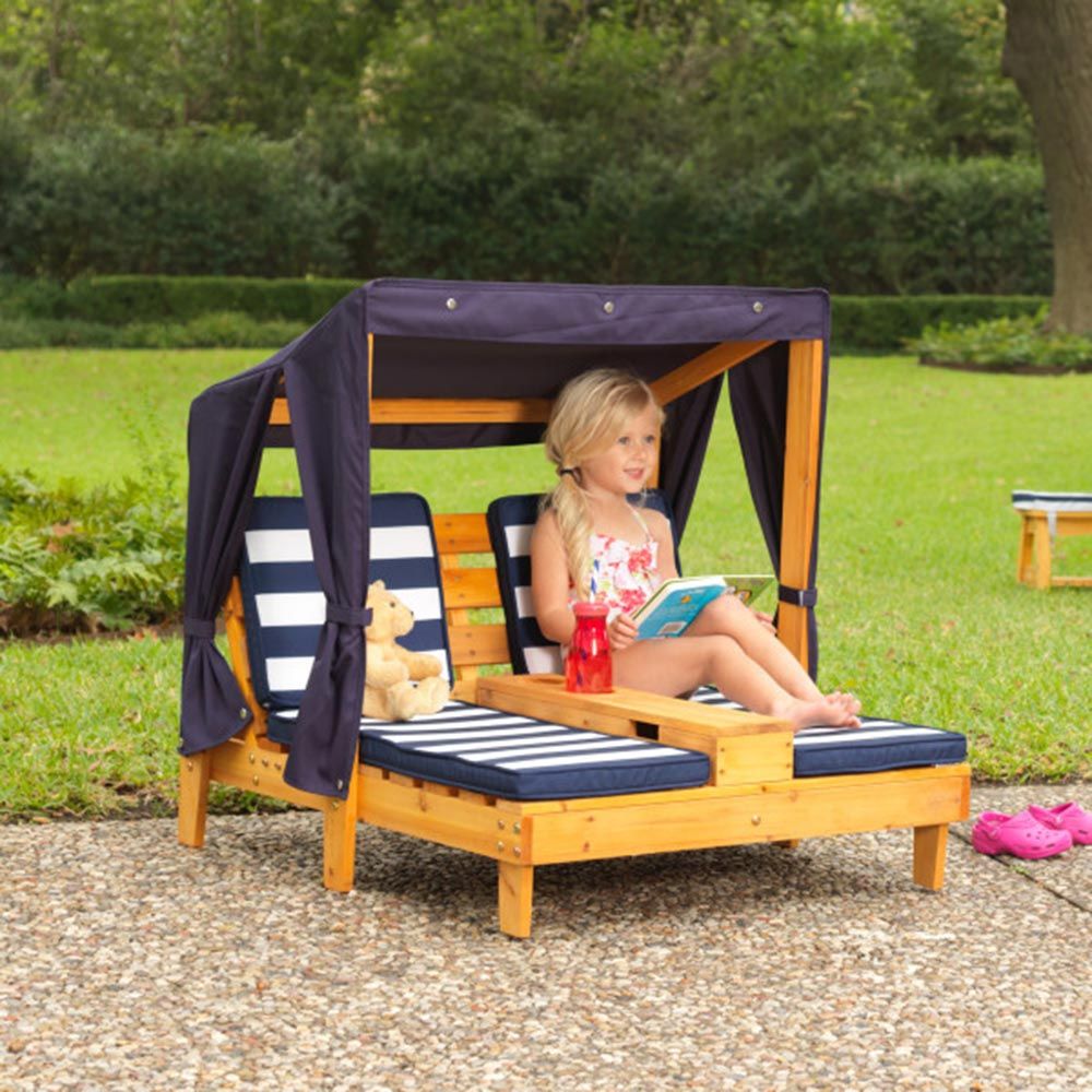 KidKraft Double Chaise Lounge With Cup Holder Honey & Navy