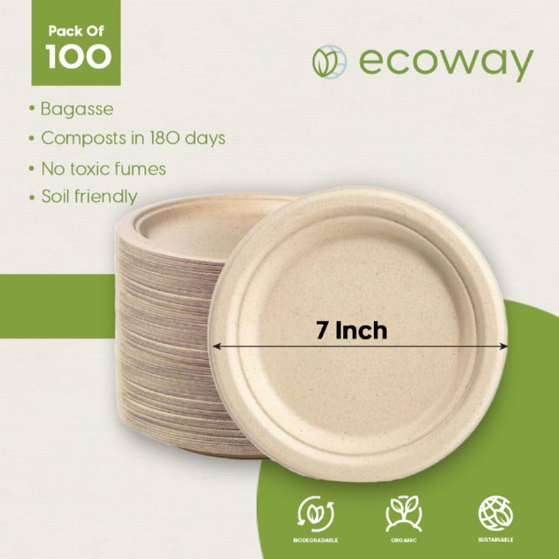 Ecoway - 100% Disposable Round Bagasse Paper Plates - 7-Inch - 100pcs