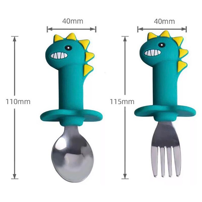 Brain Giggles - Short Handle Fork/Spoon Set Dinasour - Blue